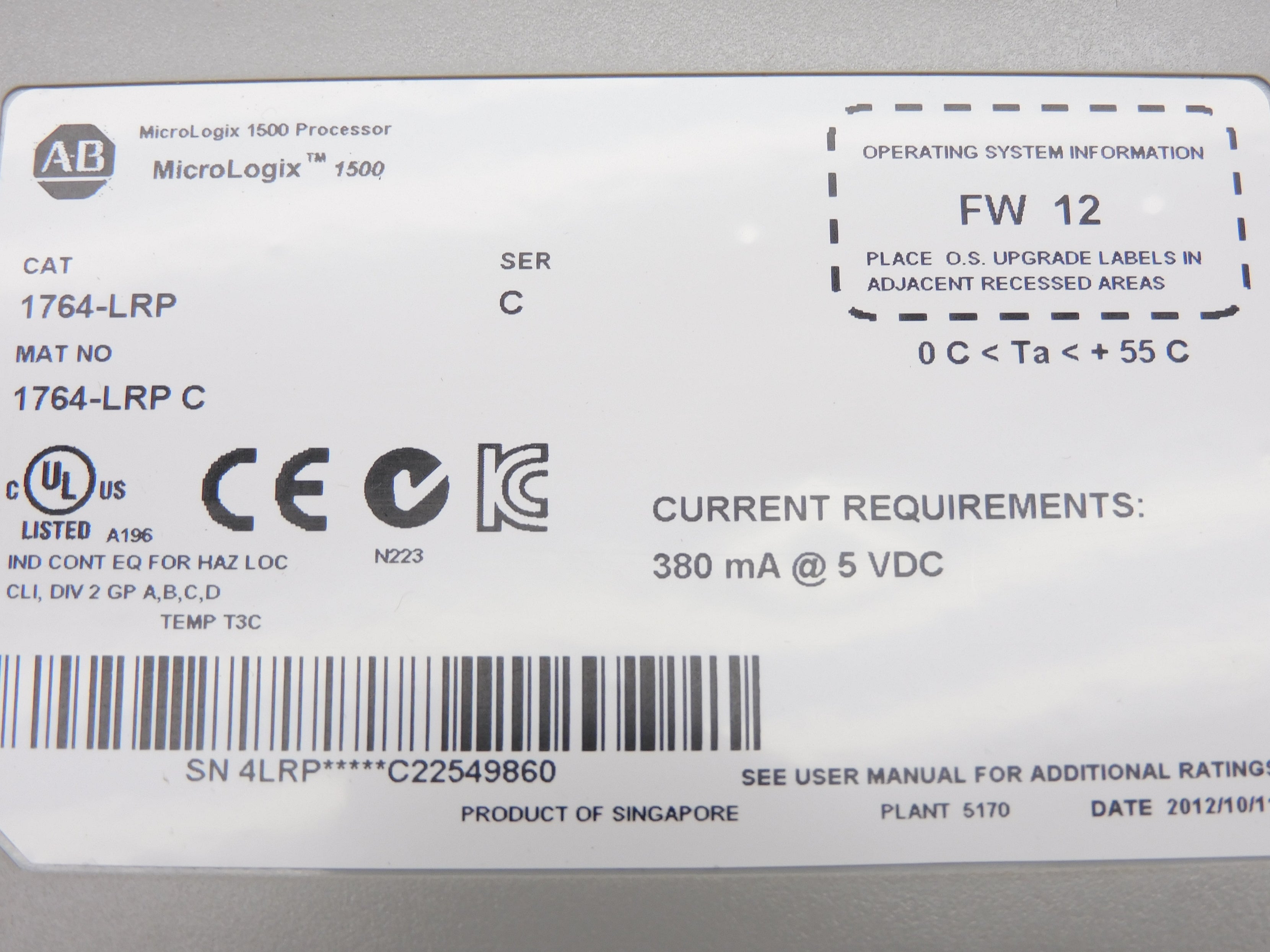 ALLEN BRADLEY 1764-LRP SER. C F/W 12 5VDC NSMP