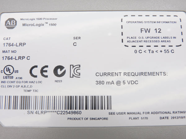 ALLEN BRADLEY 1764-LRP SER. C F/W 12 5VDC NSMP