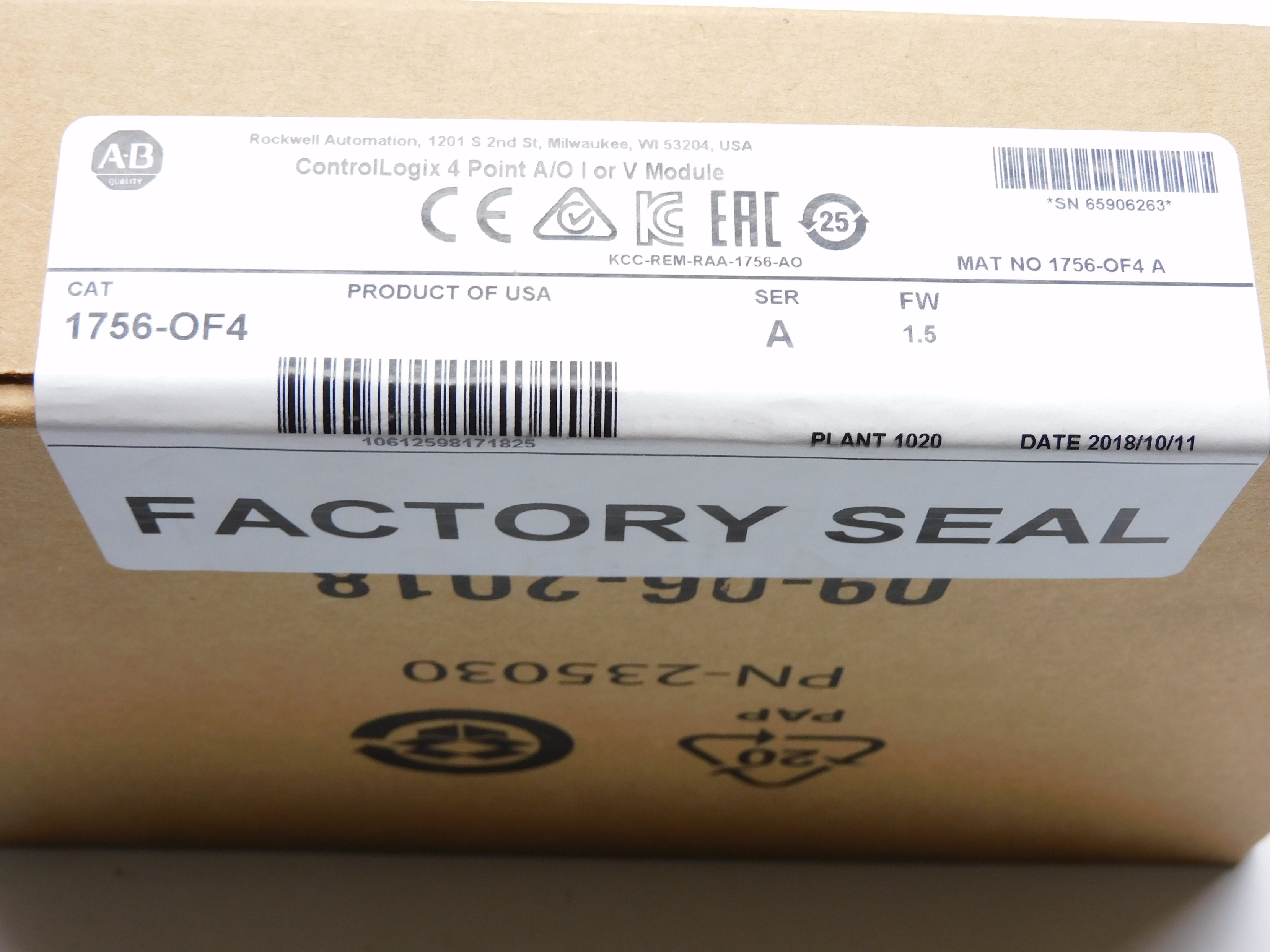 ALLEN BRADLEY 1756-OF4 SER. A F/W 1.5 DATE: 2018 NSFS