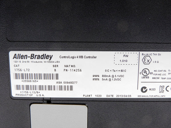 ALLEN BRADLEY 1756-L72 SER. B F/W 1.010 (NO KEY) NSMP