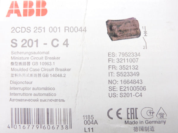 ABB 2CDS251001R0044 S201-C4 4A 230/400V NSNP