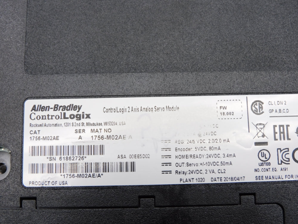 ALLEN BRADLEY 1756-M02AE SER. A F/W 18.002 5/24VDC NSMP