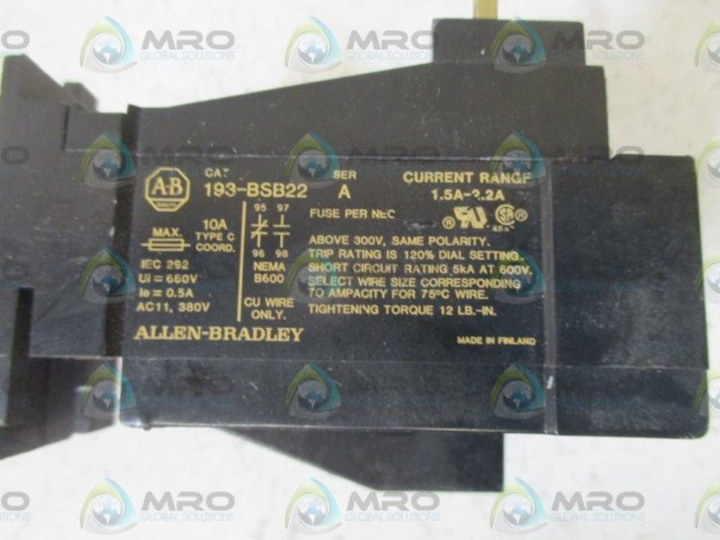 ALLEN BRADLEY 193-BSB22 SER.A OVERLOAD RELAY 1.5-2.2A  UNMP