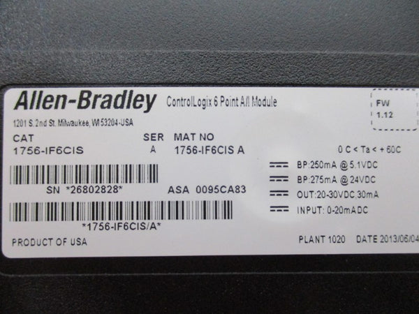 ALLEN BRADLEY 1756-IF6CIS MODULE SER. A F/W 1.12 NSMP