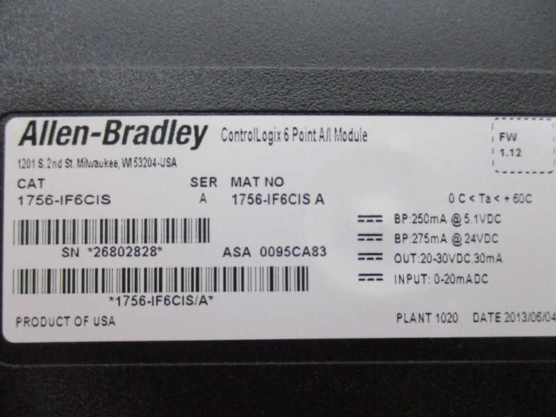 ALLEN BRADLEY 1756-IF6CIS MODULE SER. A F/W 1.12 NSMP