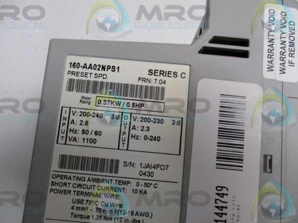 ALLEN BRADLEY 160-AA02NPS1 SER.C F/W 7.04 SPEED CONTROLLER  UNMP