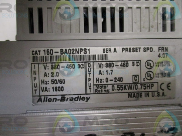 ALLEN BRADLEY 160-BA02NPS1 SER. A F/W: 4.07 AC DRIVE  UNMP