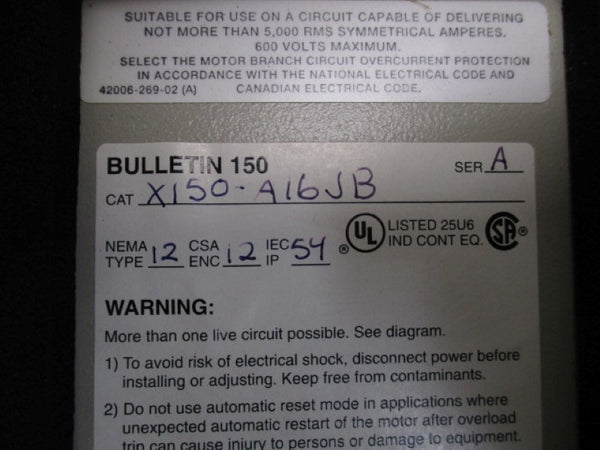 ALLEN BRADLEY 150-A16JB SER. A MOTOR CONTROLLER ENCLOSURE   NSNP