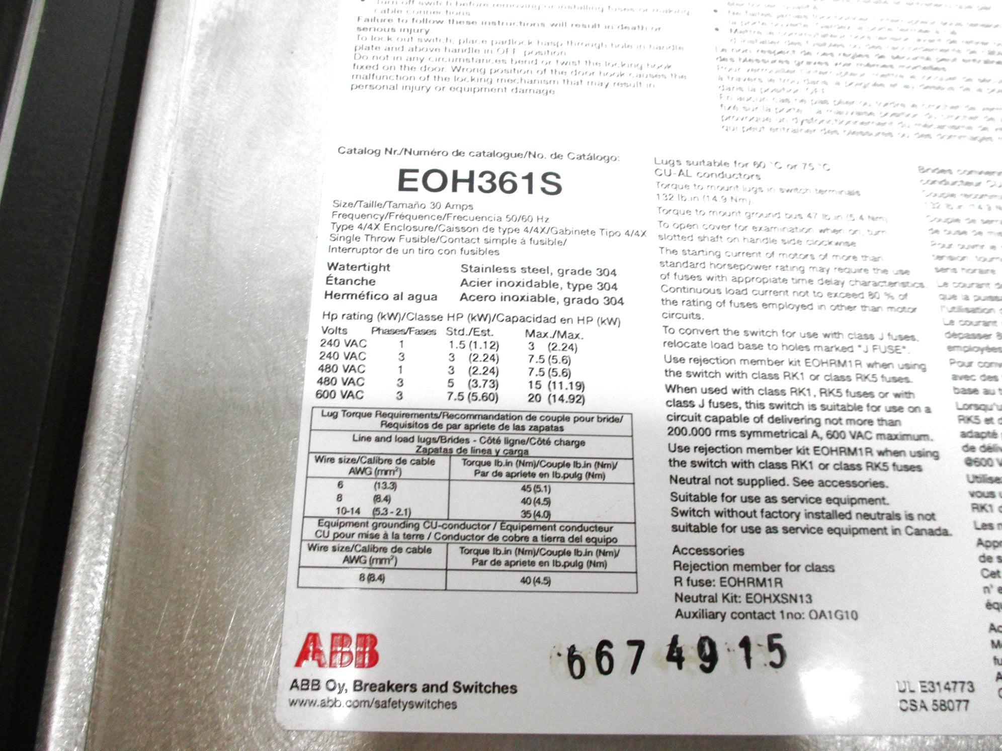 ABB EOH361S NSNP