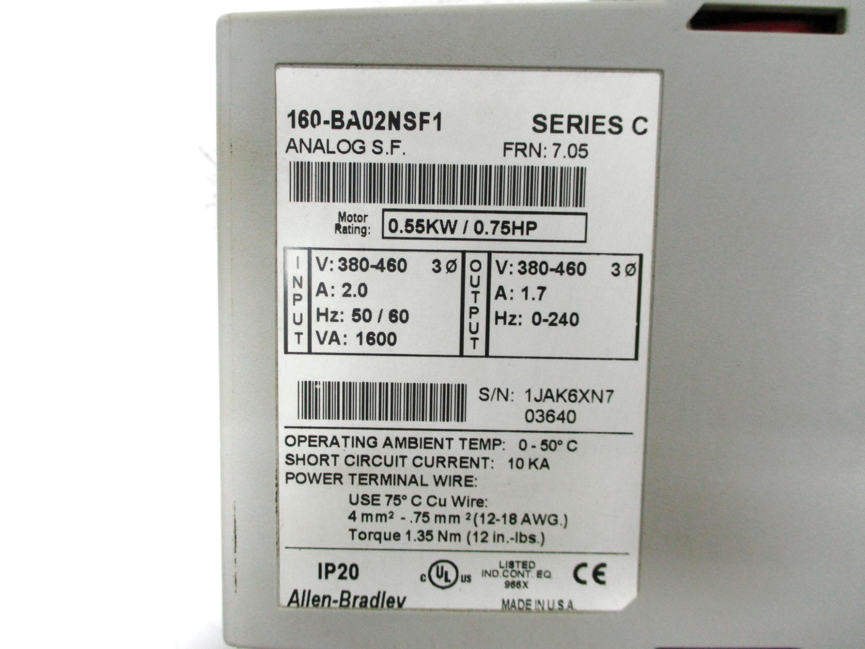 ALLEN BRADLEY 160-BA02NSF1 SER. C F/W: 7.05 UNMP